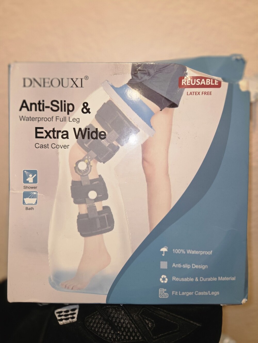DNEOUXI Extra Wide Anti-Slip Waterproof Full Leg Cast Cover - Blue/White